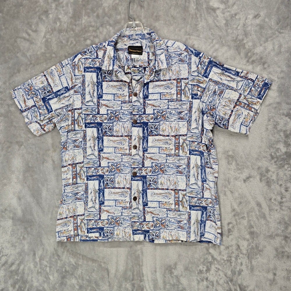 Hawaiian Flavor Button Up Shirt Mens L White Blue Fish Cotton Oceanic Nautical